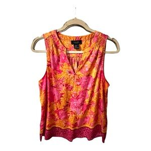 Rachel Roy Orange Pink Floral Split‎ Neck Sleeveless Blouse Size Small